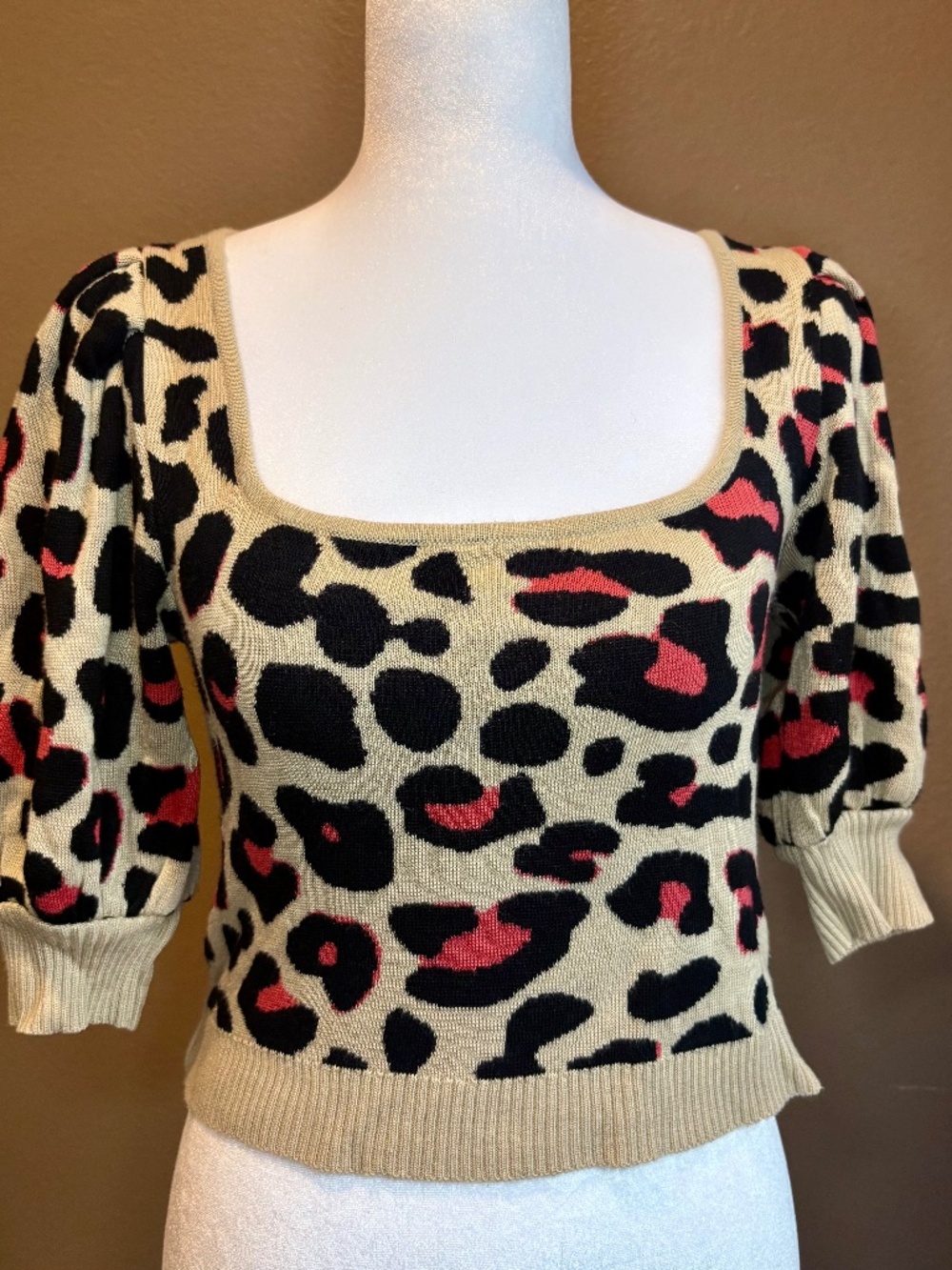 ASOS Leopard Print Knit Crop Top-Square Neck Puff Sleeve Size 4